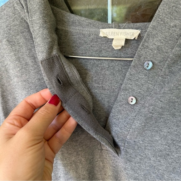 Eileen fisher large gray 1/4 button hooded split seam high low tunic cotton - Picture 6 of 8